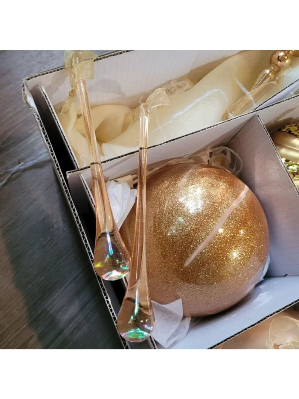 Frontgate Christmas Ornament 15 Pc Gold Glass Glitter Baubles Finial Teardrop